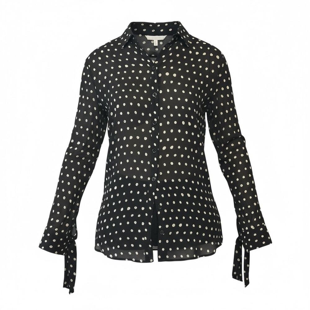 authentic Saint Laurent Paris Classic Crepe Polka Dot Blouse FR 36 Tie Accents